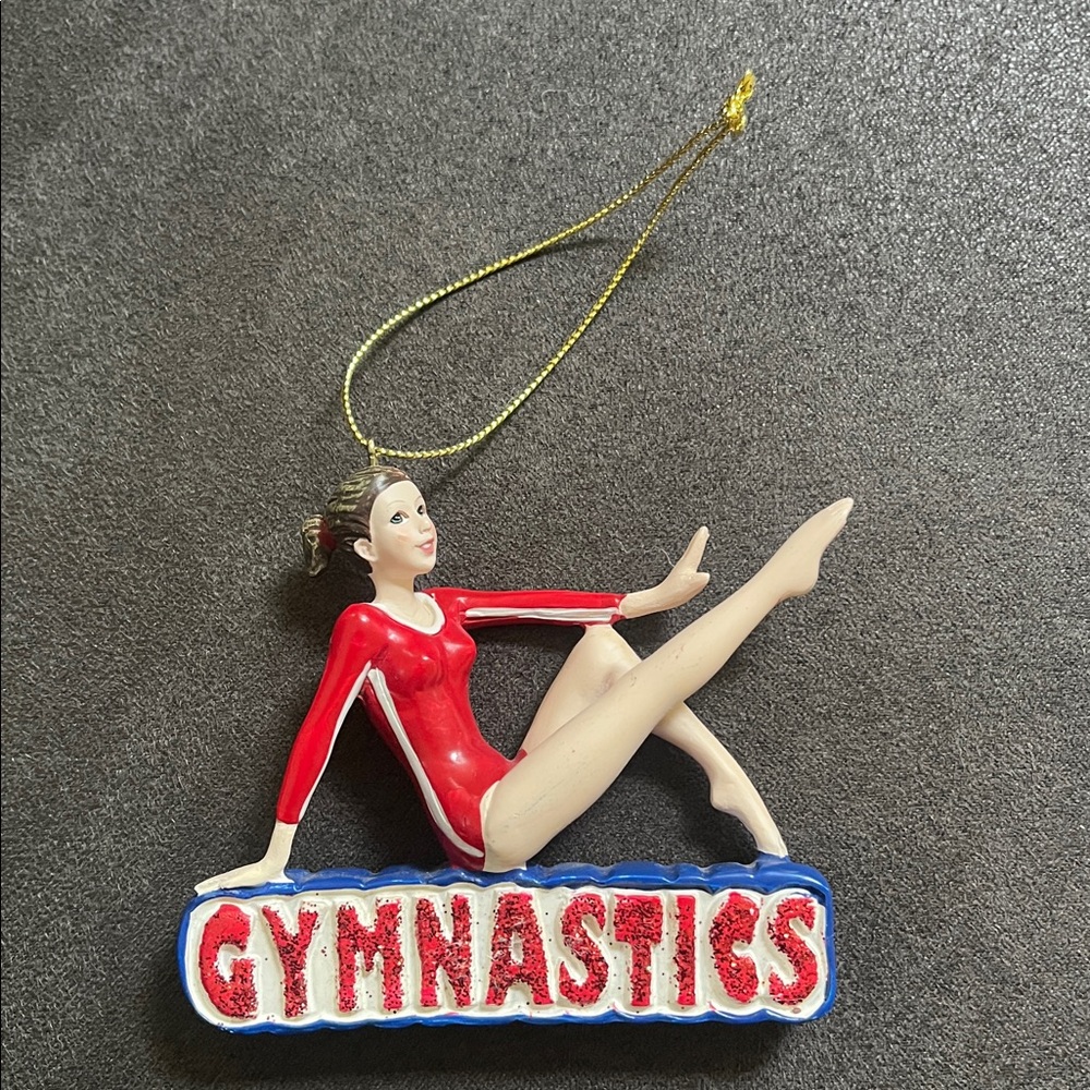 Brunette Girl Gymnast Gymnastic Ornament Red Uniform, Hanging Cord